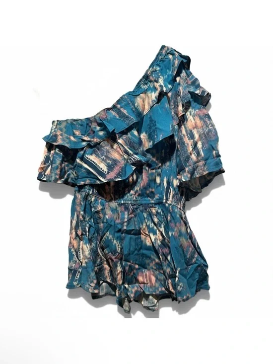 Teal Patterned One-Shoulder Ruffle Top - Picture 4 of 4